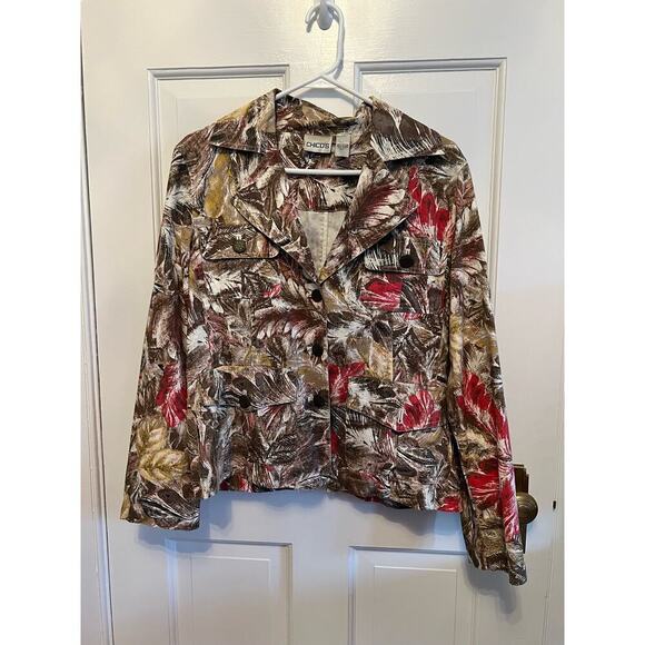 Chico's Feather Print Animal Jacket 4 Pocket Utility Cargo Brown Red Women's 1 S - Picture 1 of 10